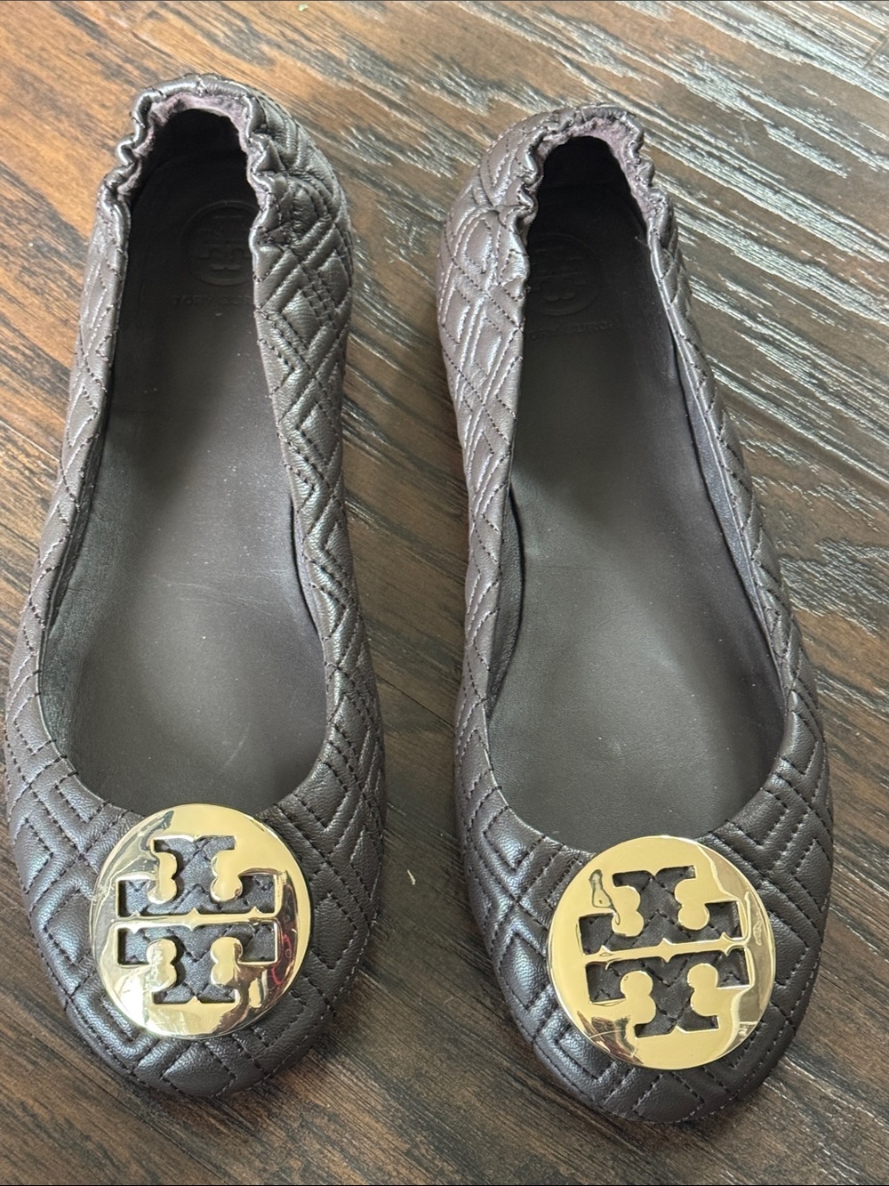 Tory Burch Quilted Dark Brown Leather Ballet Flats with Gold Logo